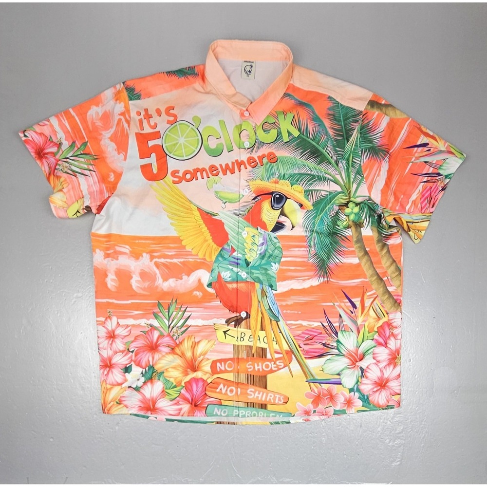 Hardaddy Hawaiian Shirt Mens 3XL. 5'oclock Some Where Button Up‎ Colorful Parrot